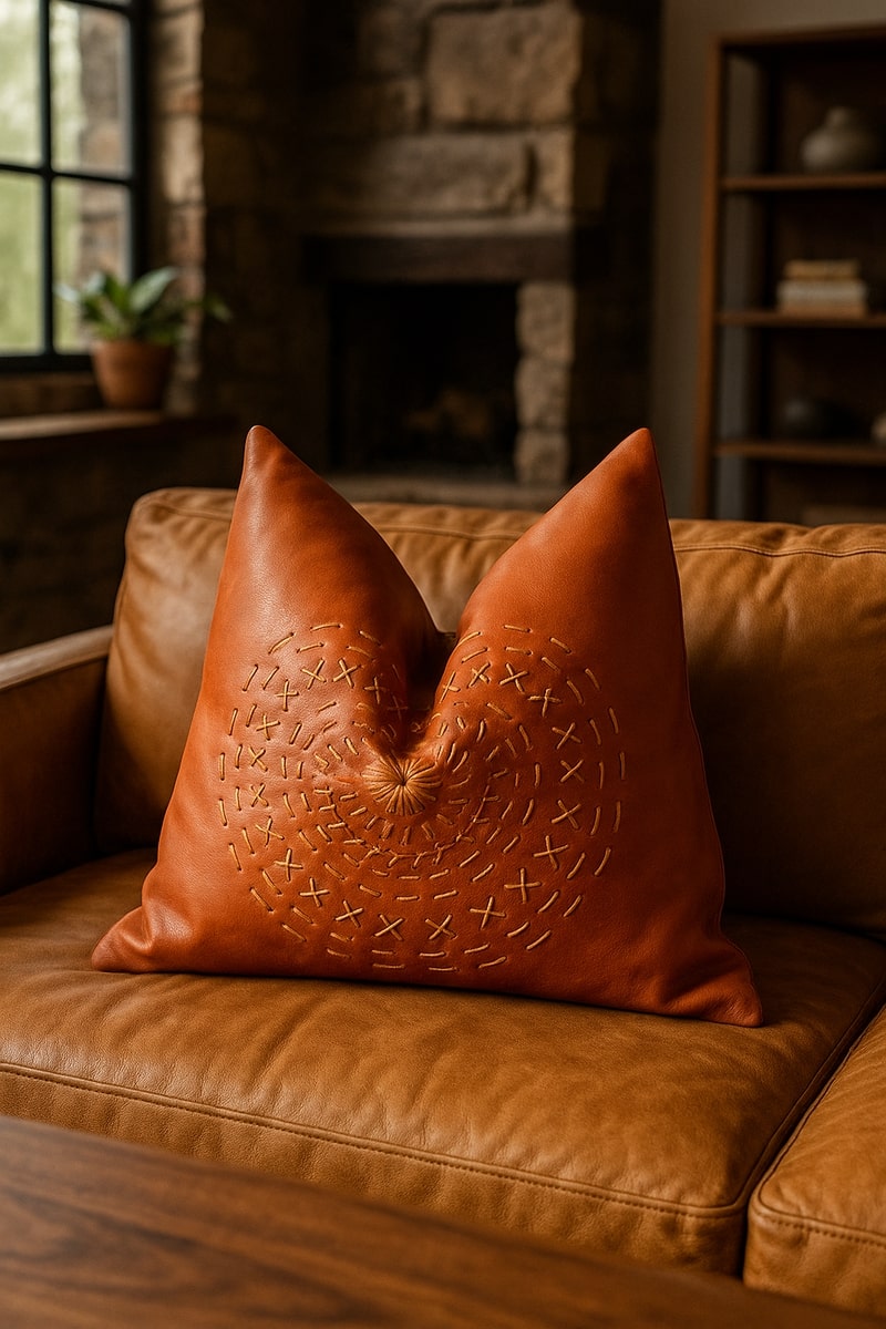 Tan Leather Cushion Cover - Orange Leather Accent