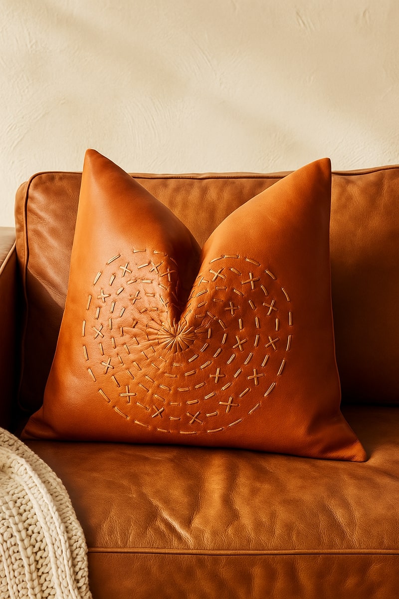 Tan Leather Cushion Cover - Orange Leather Accent