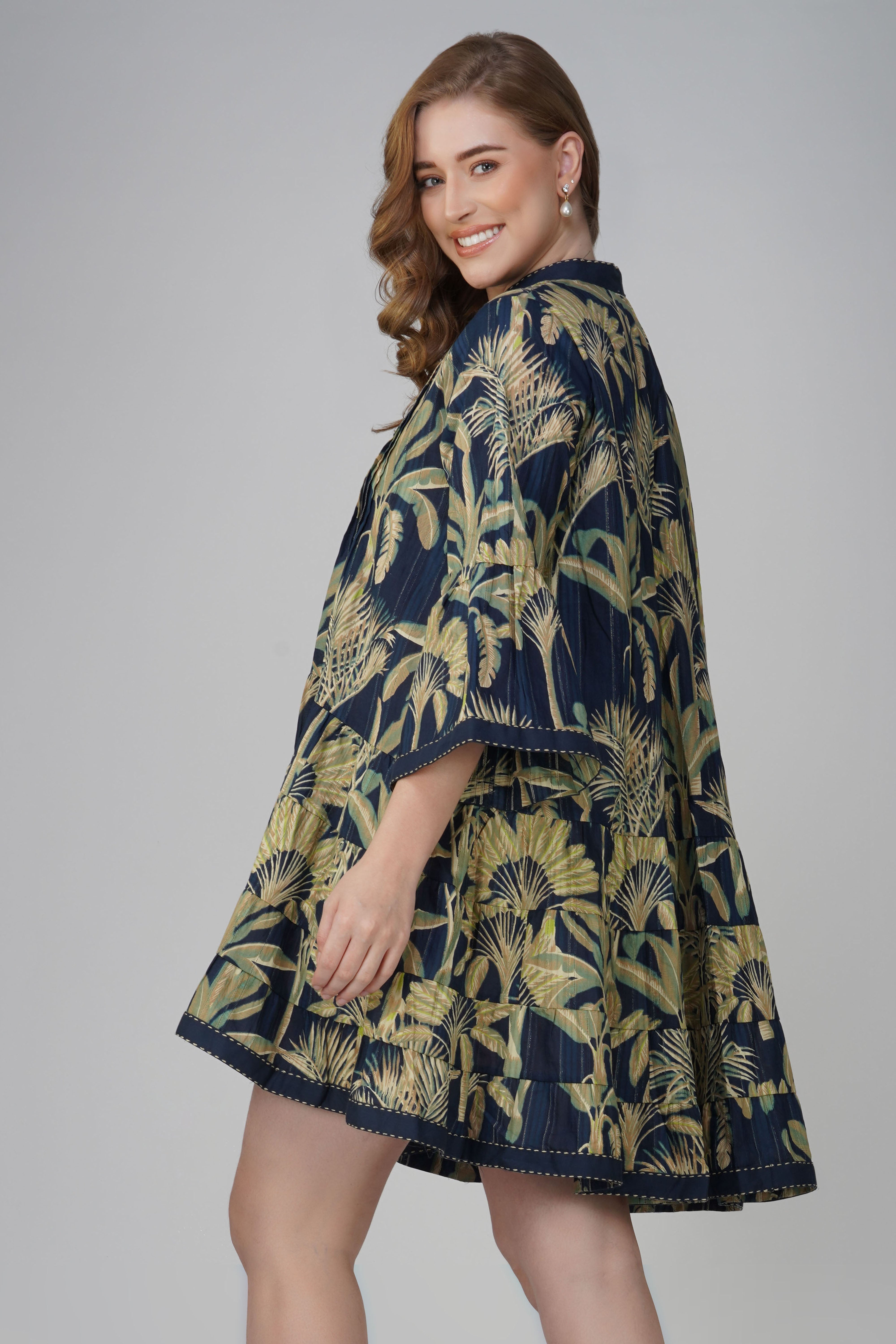 Back view of Palm Breeze tropical cotton mini dress with relaxed fit