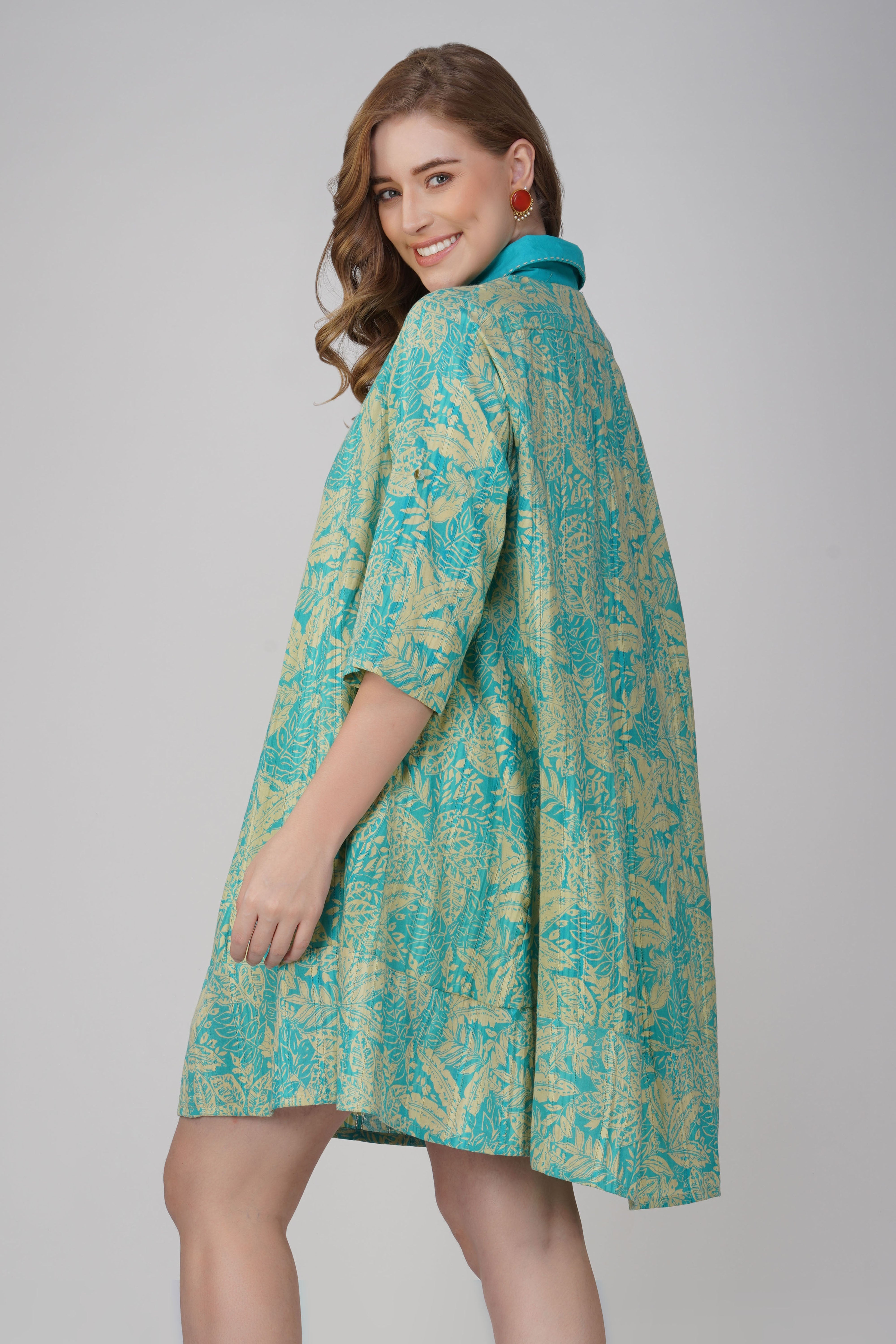 Boho cotton shirt dress with artisan hand block print, side view