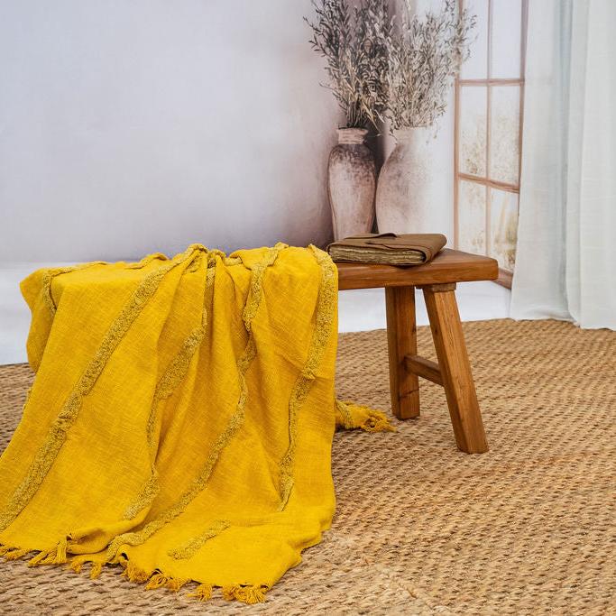 Golden Mustard Cotton Throw - Handwoven Boho Textured Blanket | 125x175cm