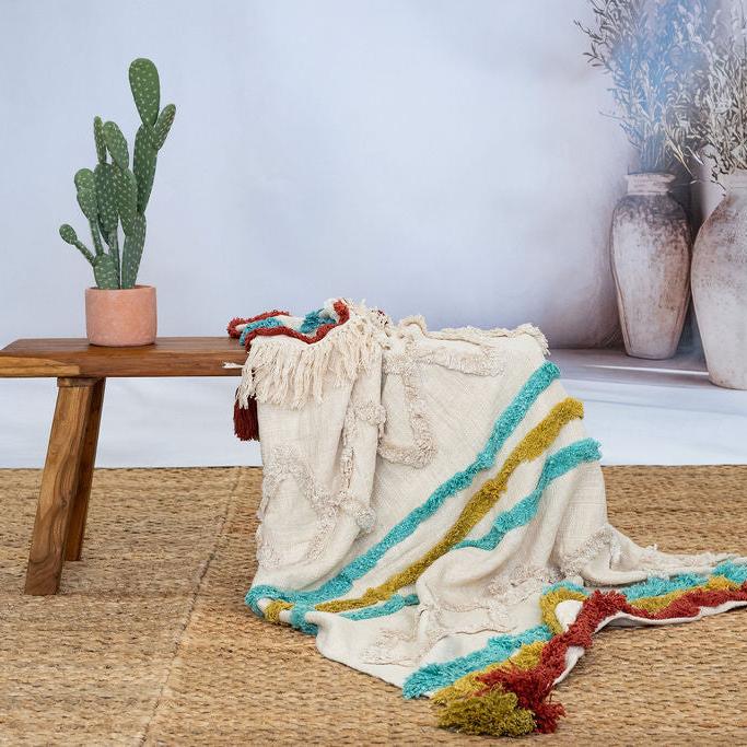 Boho Cotton Throw Blanket - Handwoven Textured Design with Tassel Finish | 125x175cm