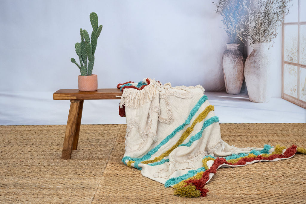 Boho Cotton Throw Blanket - Handwoven Textured Design with Tassel Finish | 125x175cm