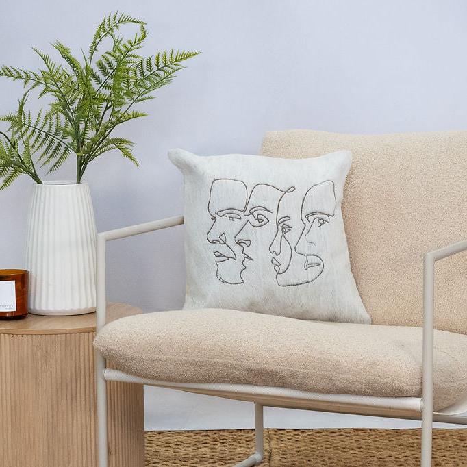 Handmade Cowhide Cushion Cover - Abstract Face Design