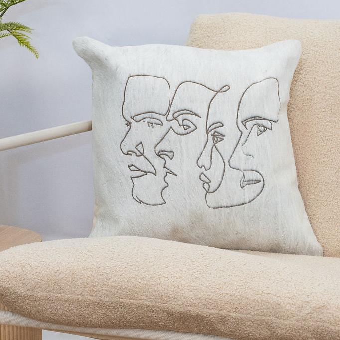Handmade Cowhide Cushion Cover - Abstract Face Design
