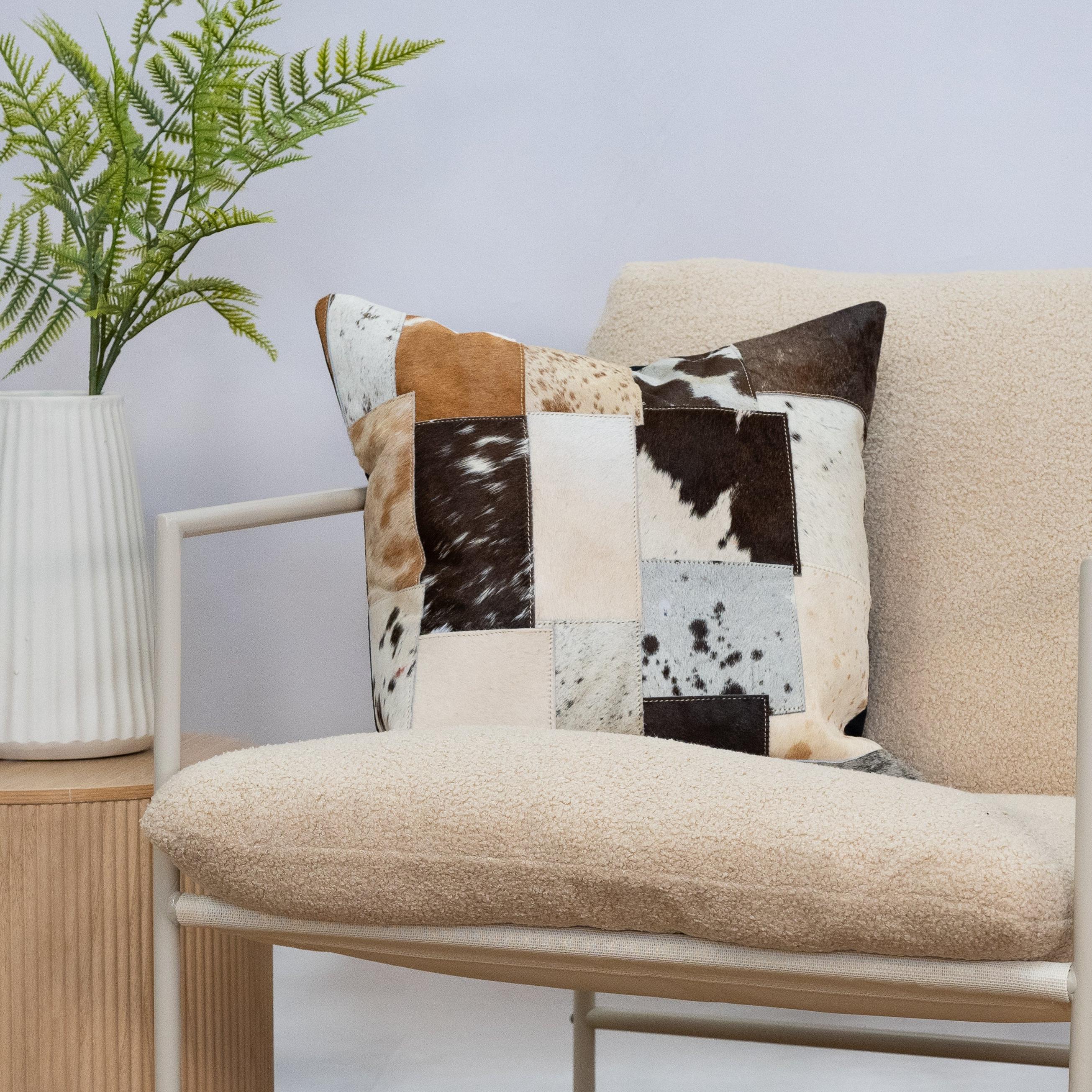 Patchwork Cowhide Leather Cushion Cover - Handmade 45x45