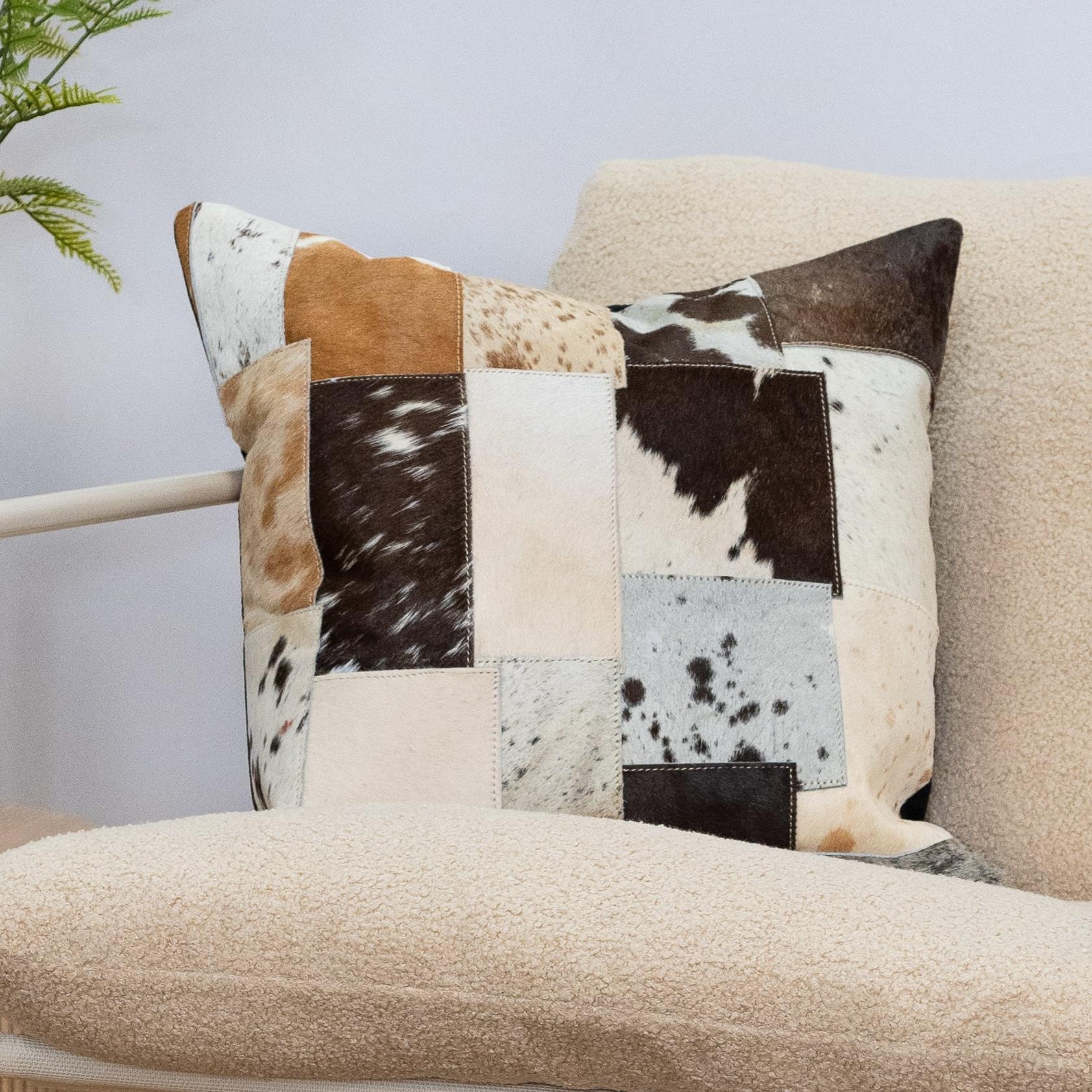 Patchwork Cowhide Leather Cushion Cover - Handmade 45x45