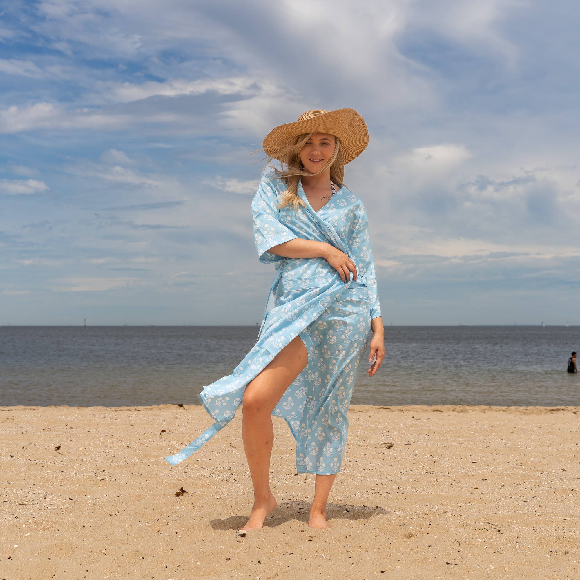 BLUE BLOCK PRINT' Women's Cotton Kimono Robe - Chic