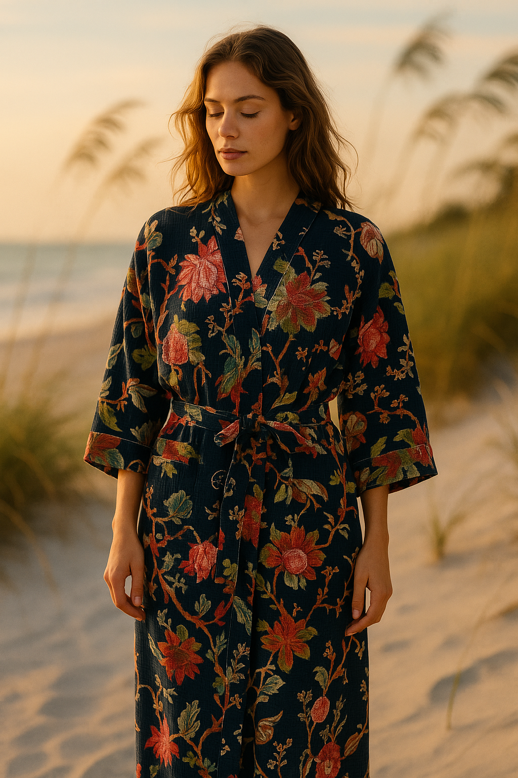 Bloom Waffle Cotton Kimono Robe Midnight