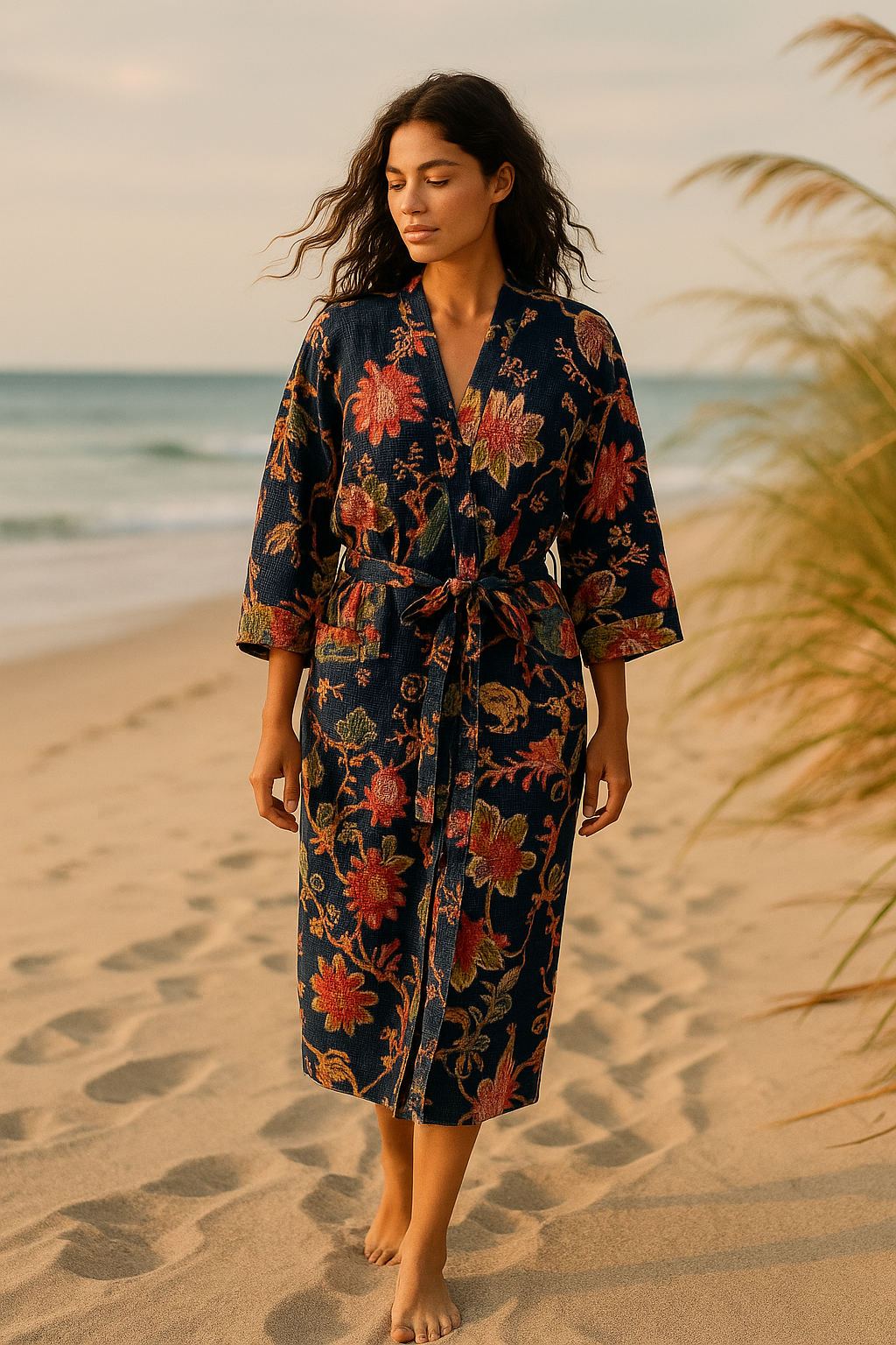 Bloom Waffle Cotton Kimono Robe Midnight
