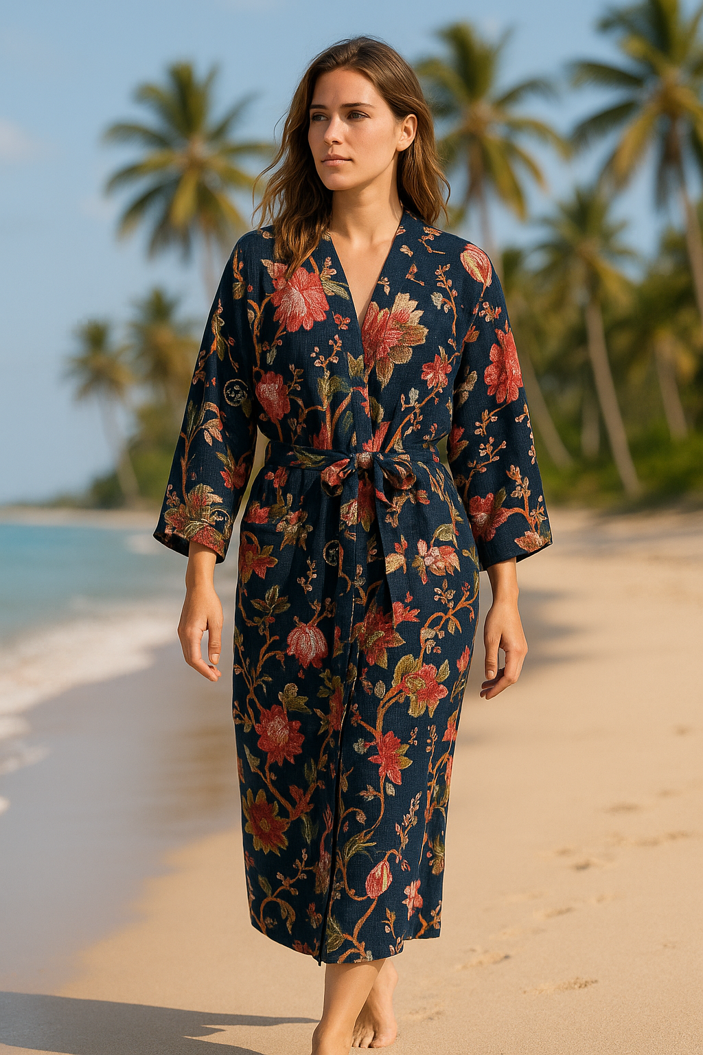 Bloom Waffle Cotton Kimono Robe Midnight