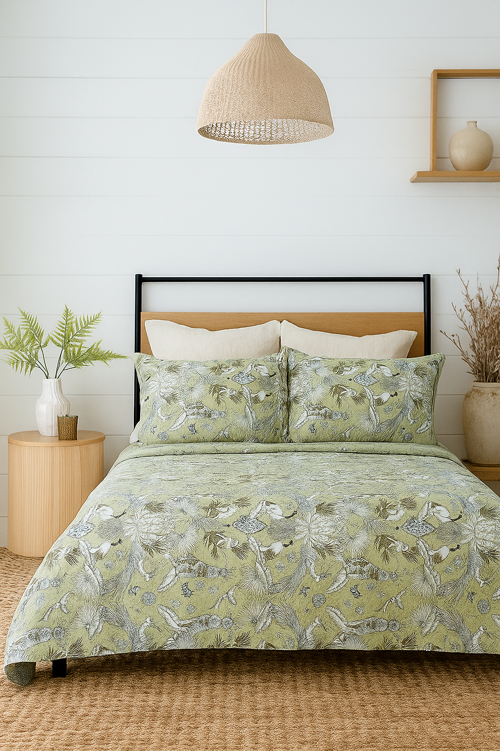 Green Botanical Cotton Quilt Set - Reversible Bedding
