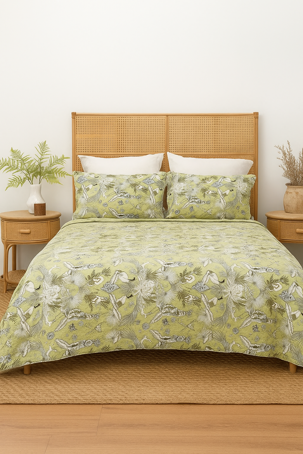 Green Botanical Cotton Quilt Set - Reversible Bedding