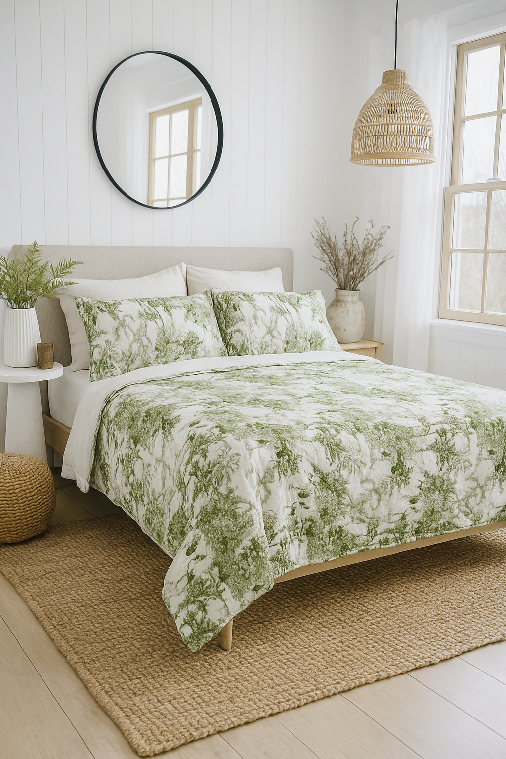 Green Toile Botanical Cotton Quilt Set - Reversible