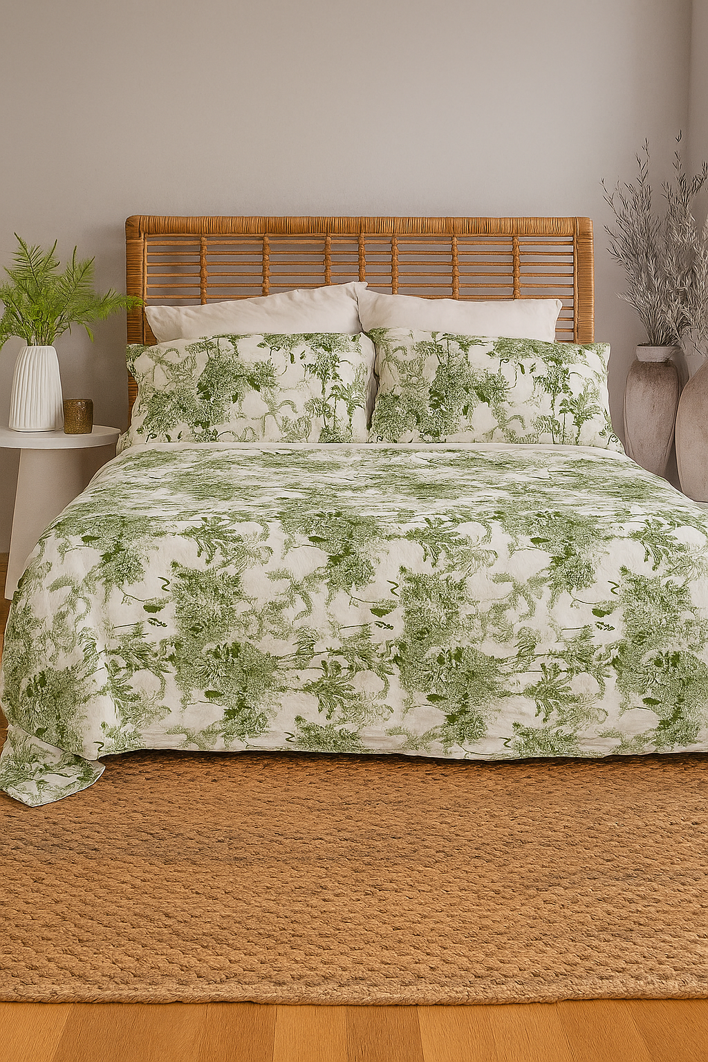 Green Toile Botanical Cotton Quilt Set - Reversible