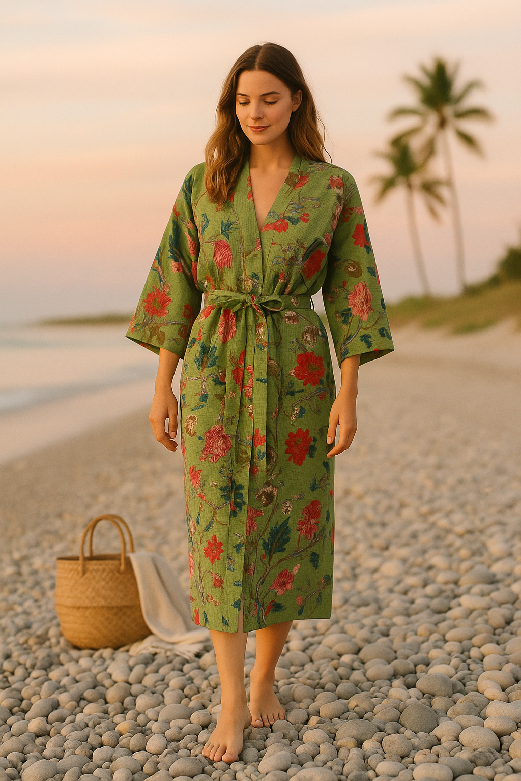 Green Floral Cotton Kimono Robe – Relaxed Waffle for Beach