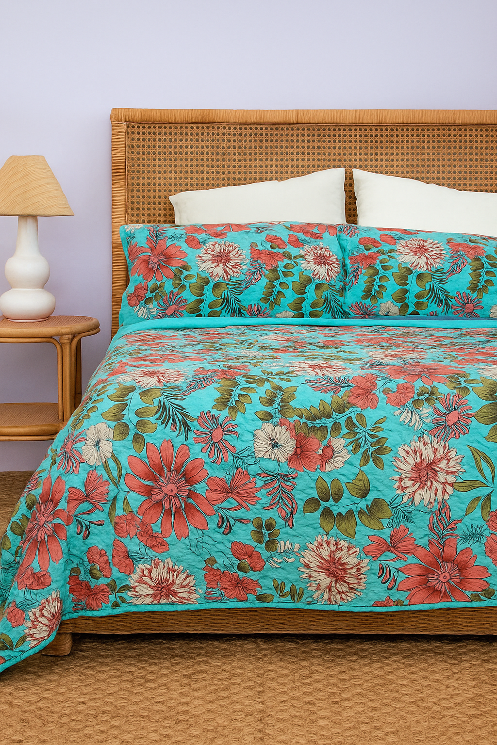 Turquoise Bloom Cotton Bedspread Set - King Size