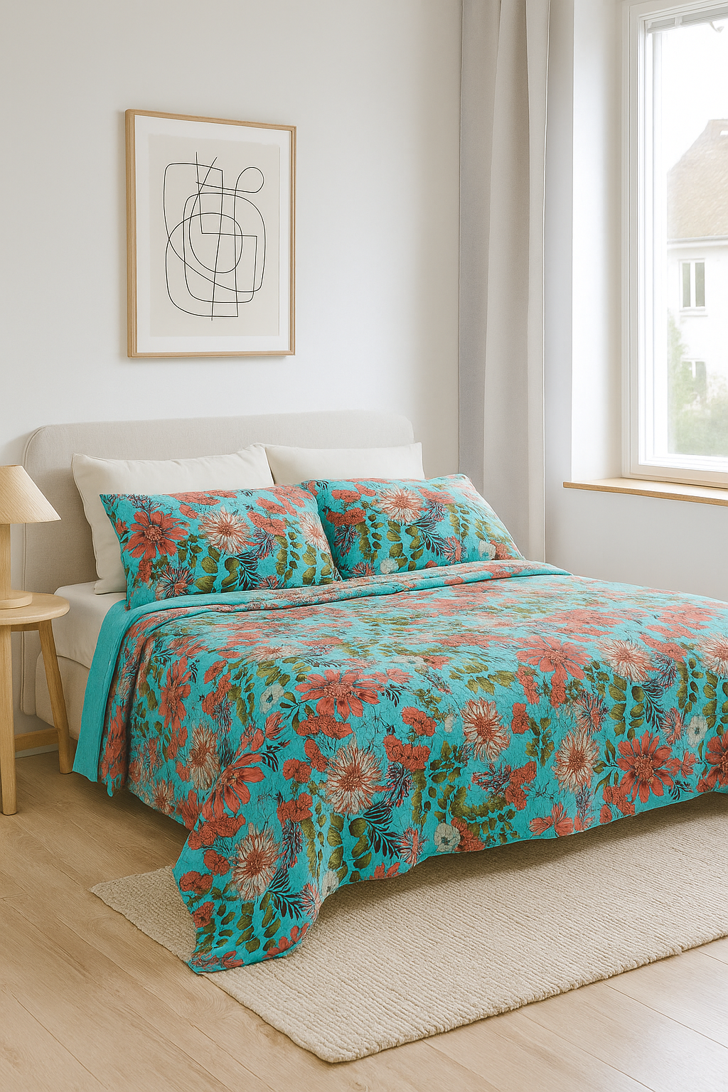 Turquoise Bloom Cotton Bedspread Set - King Size