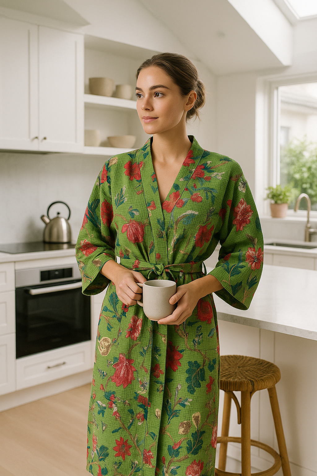 Green Floral Cotton Kimono Robe – Relaxed Waffle for Beach