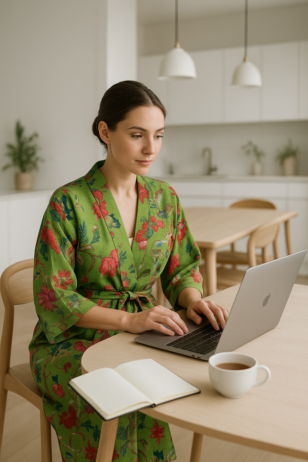 Green Floral Cotton Kimono Robe – Relaxed Waffle for Beach
