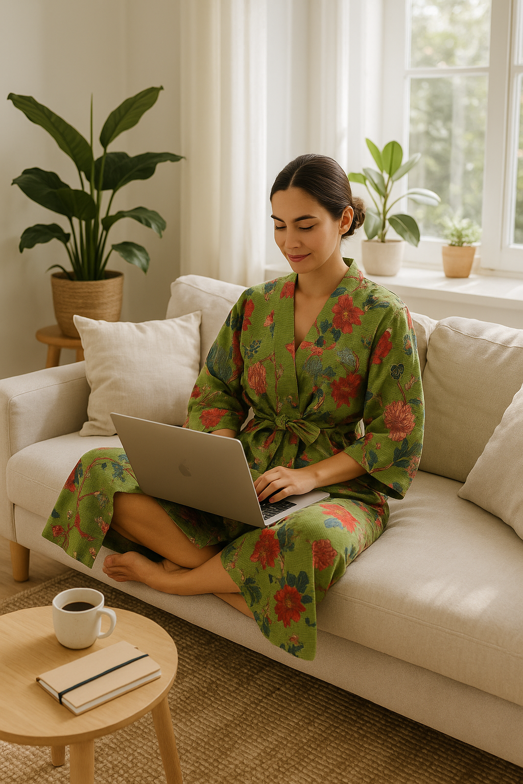 Green Floral Cotton Kimono Robe – Relaxed Waffle for Beach
