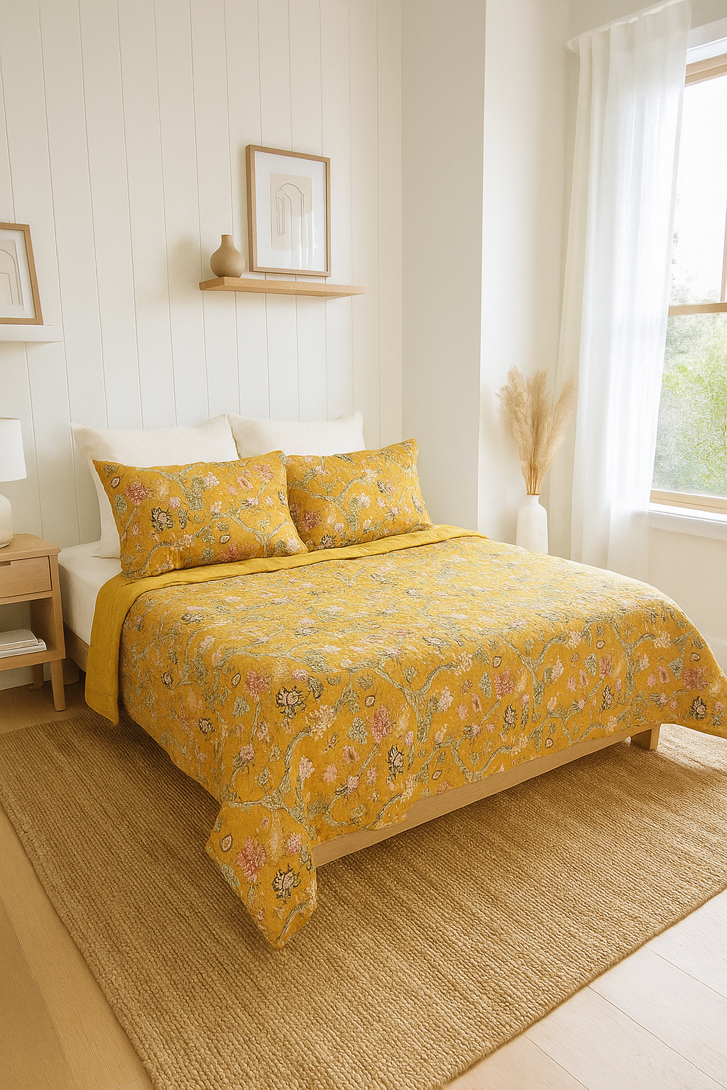 Vintage Mustard Floral Cotton Quilt Set - 210x250cm