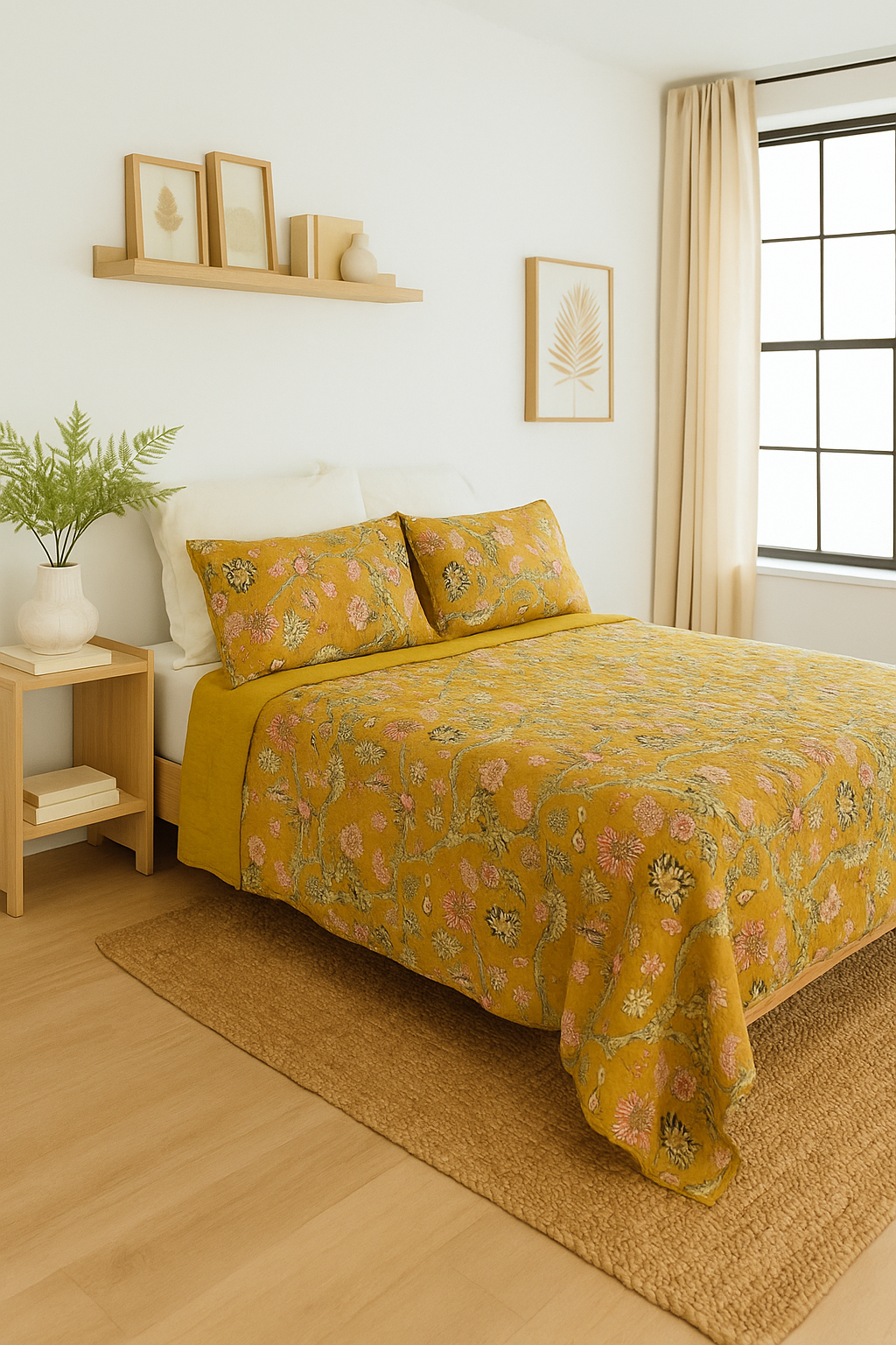 Vintage Mustard Floral Cotton Quilt Set - 210x250cm