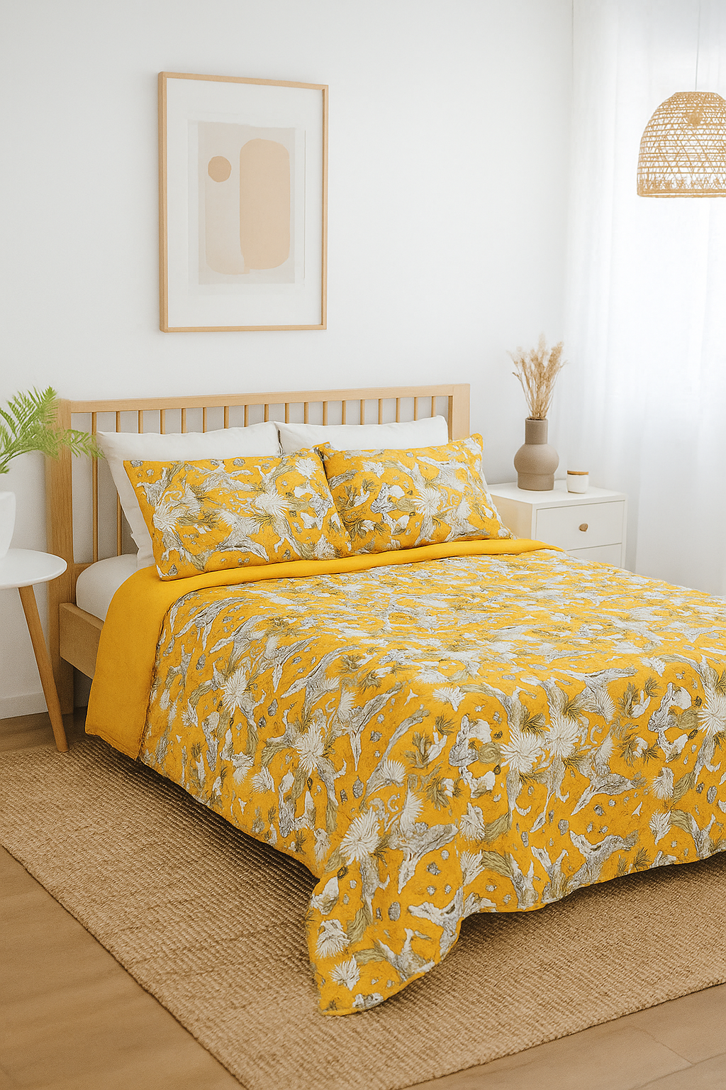 Golden Bloom Bird Print Quilt Set - 210x250cm
