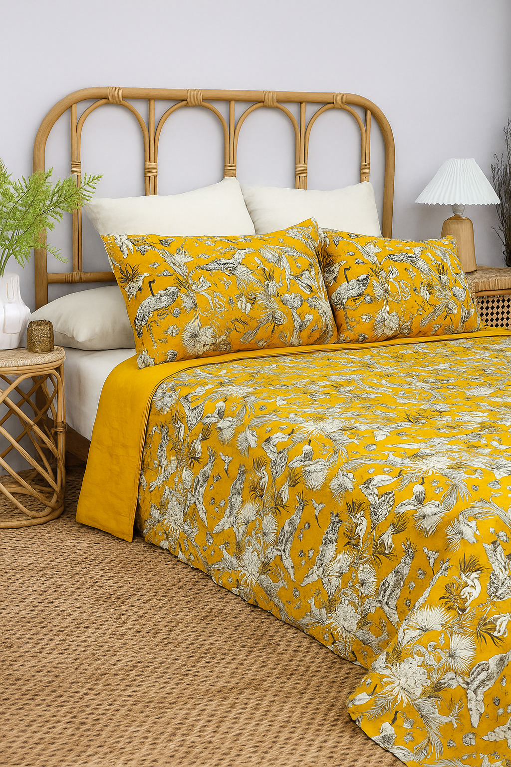 Golden Bloom Bird Print Quilt Set - 210x250cm