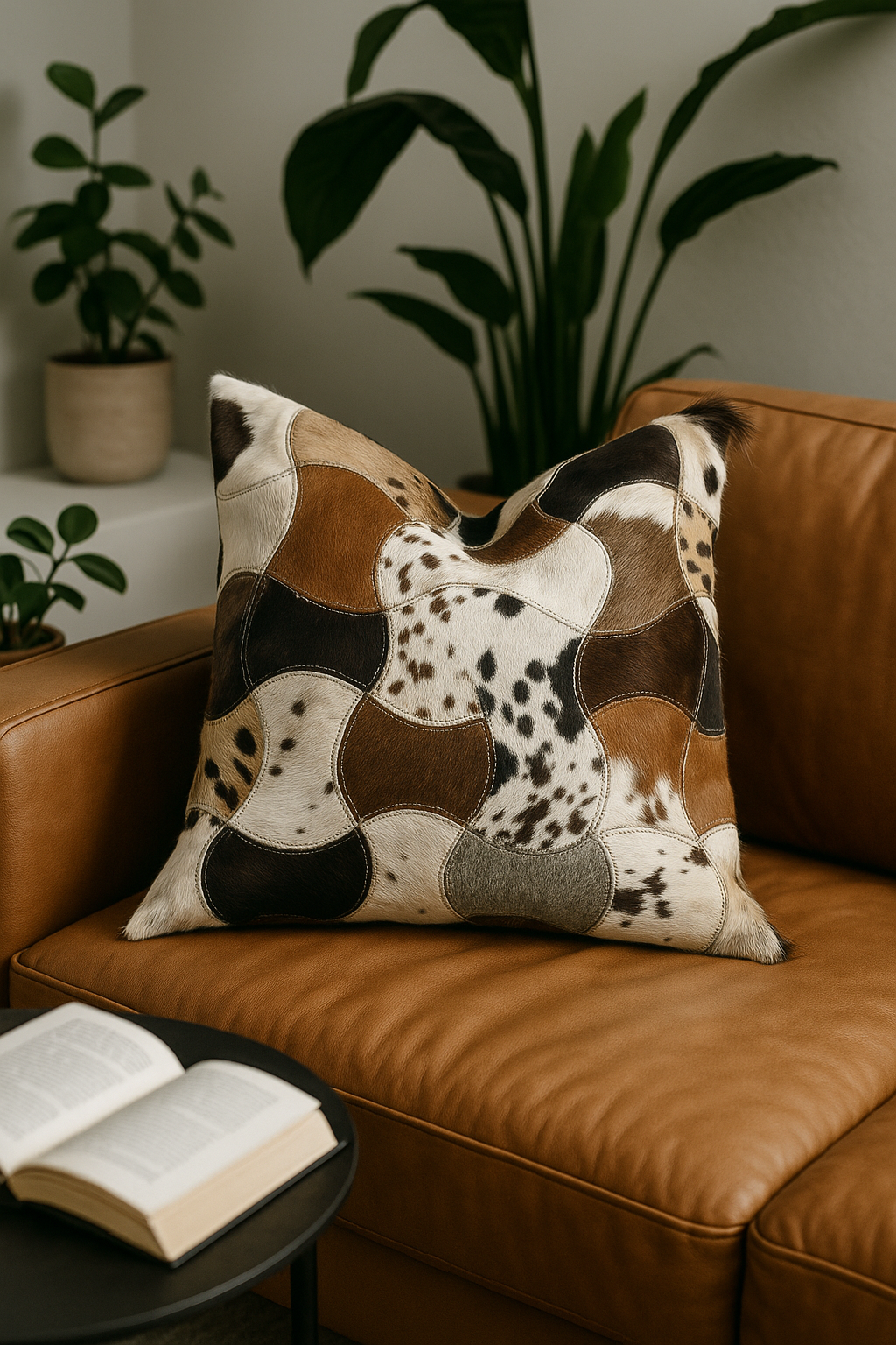 Handcrafted Leather Exotic Cowhide Cushion Cover – Boho Patchwork Design