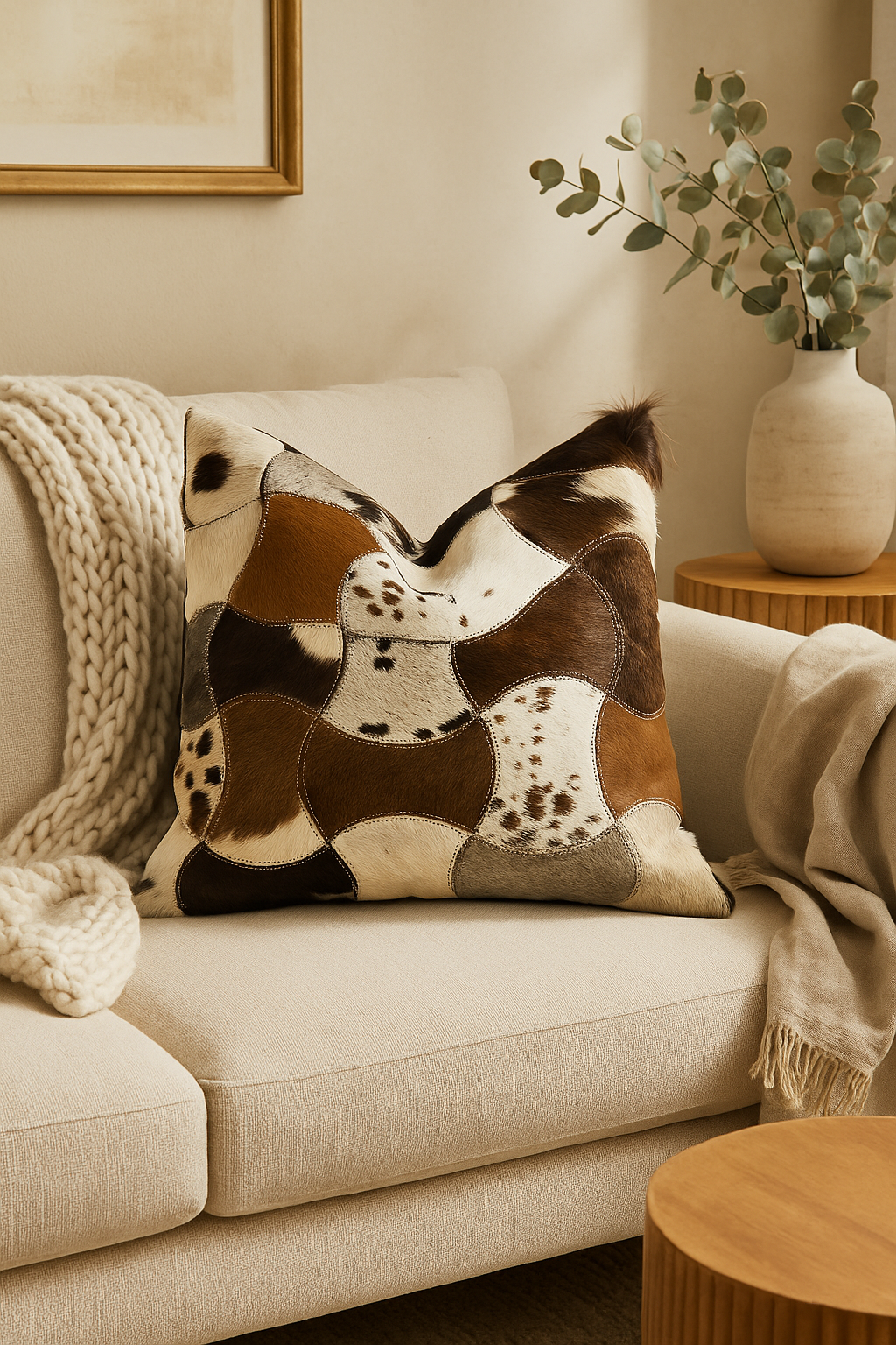 Handcrafted Leather Exotic Cowhide Cushion Cover – Boho Patchwork Design
