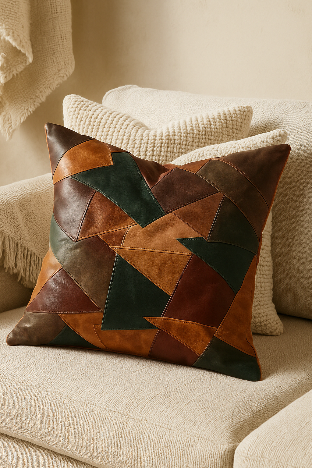 Rustic Boho Cushion Cover – Leather Patchwork in Warm Earth Tones