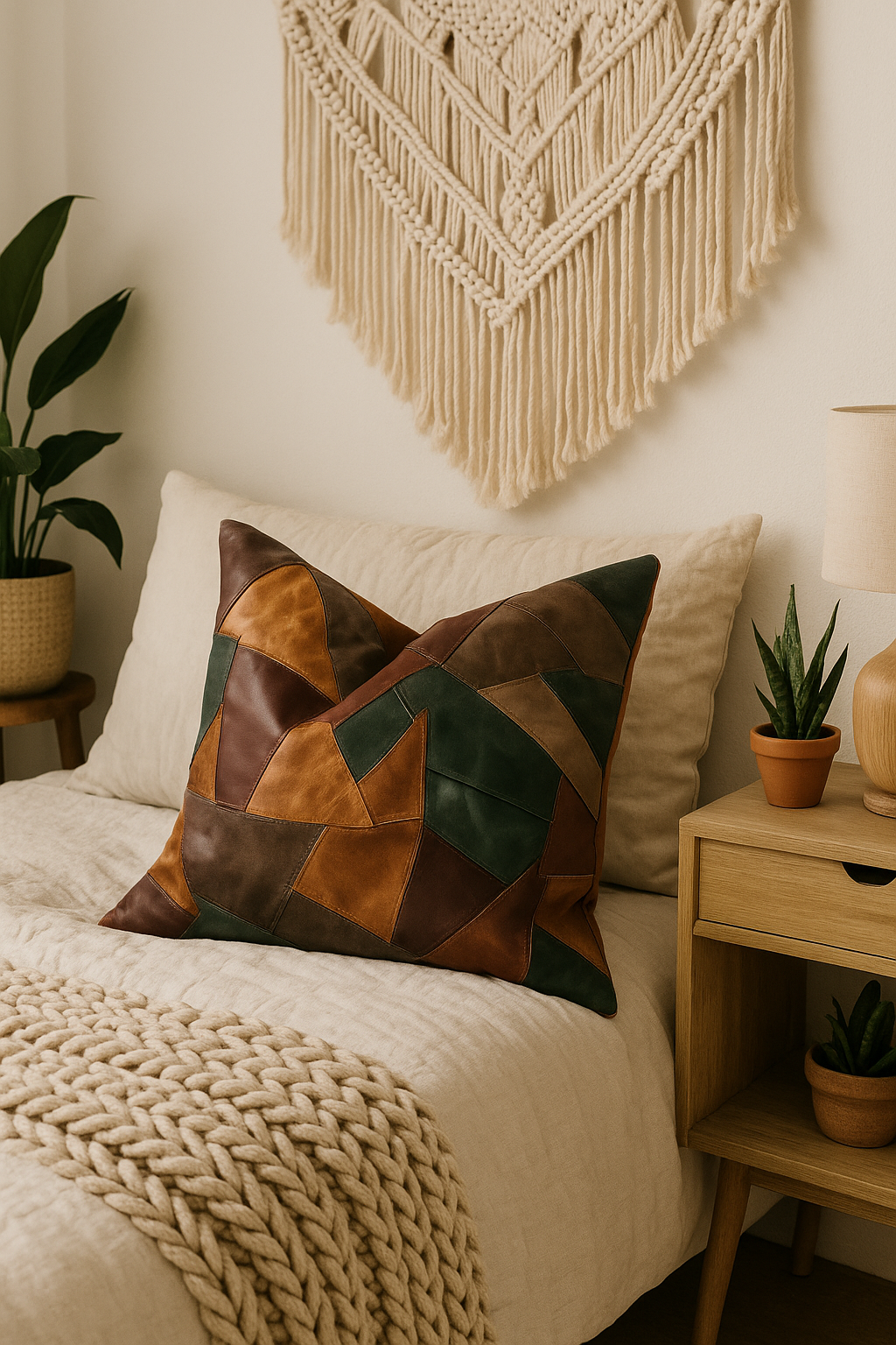 Rustic Boho Cushion Cover – Leather Patchwork in Warm Earth Tones