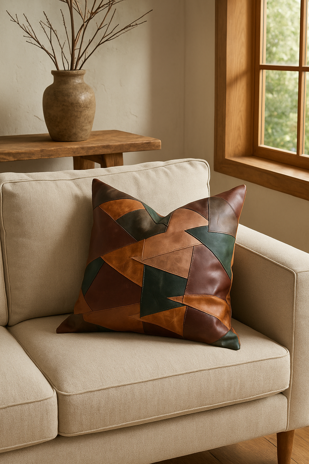 Rustic Boho Cushion Cover – Leather Patchwork in Warm Earth Tones
