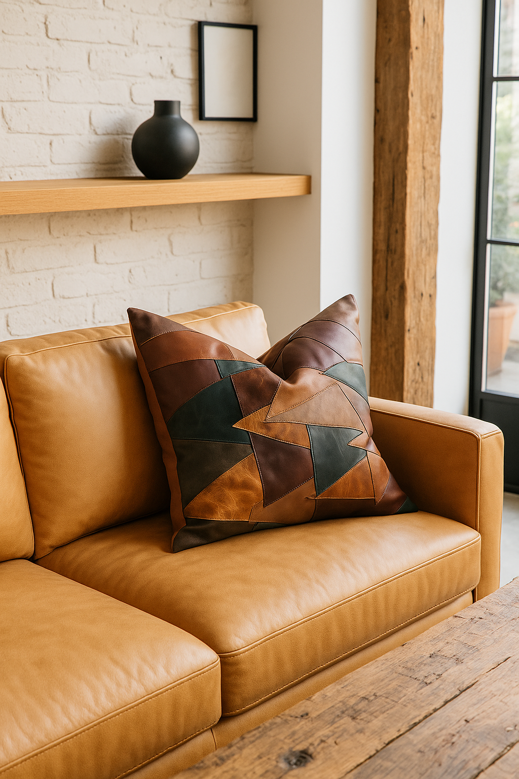 Rustic Boho Cushion Cover – Leather Patchwork in Warm Earth Tones