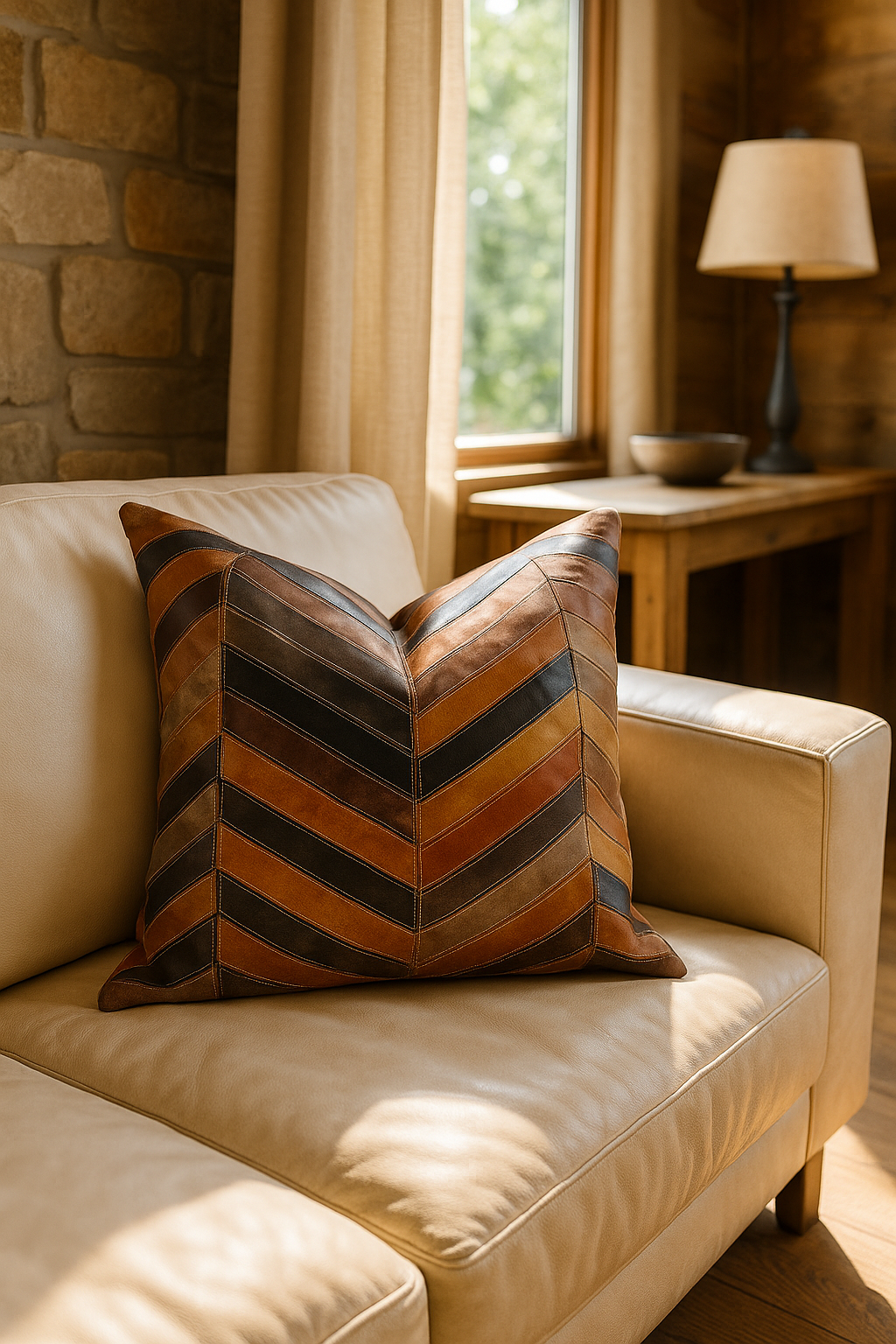 Chevron Patch Leather Cushion - 45x45cm