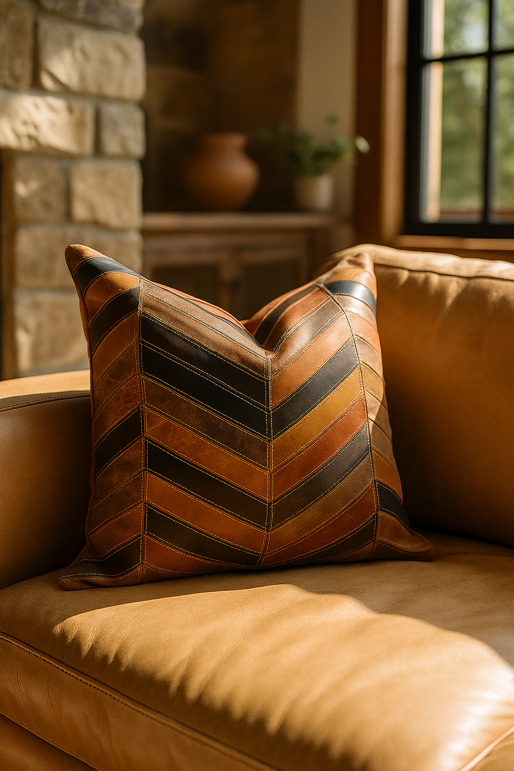 Chevron Patch Leather Cushion - 45x45cm