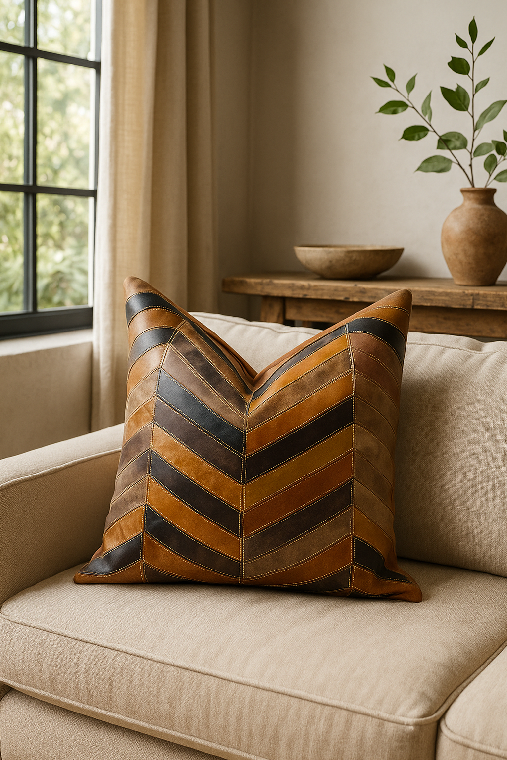 Chevron Patch Leather Cushion - 45x45cm
