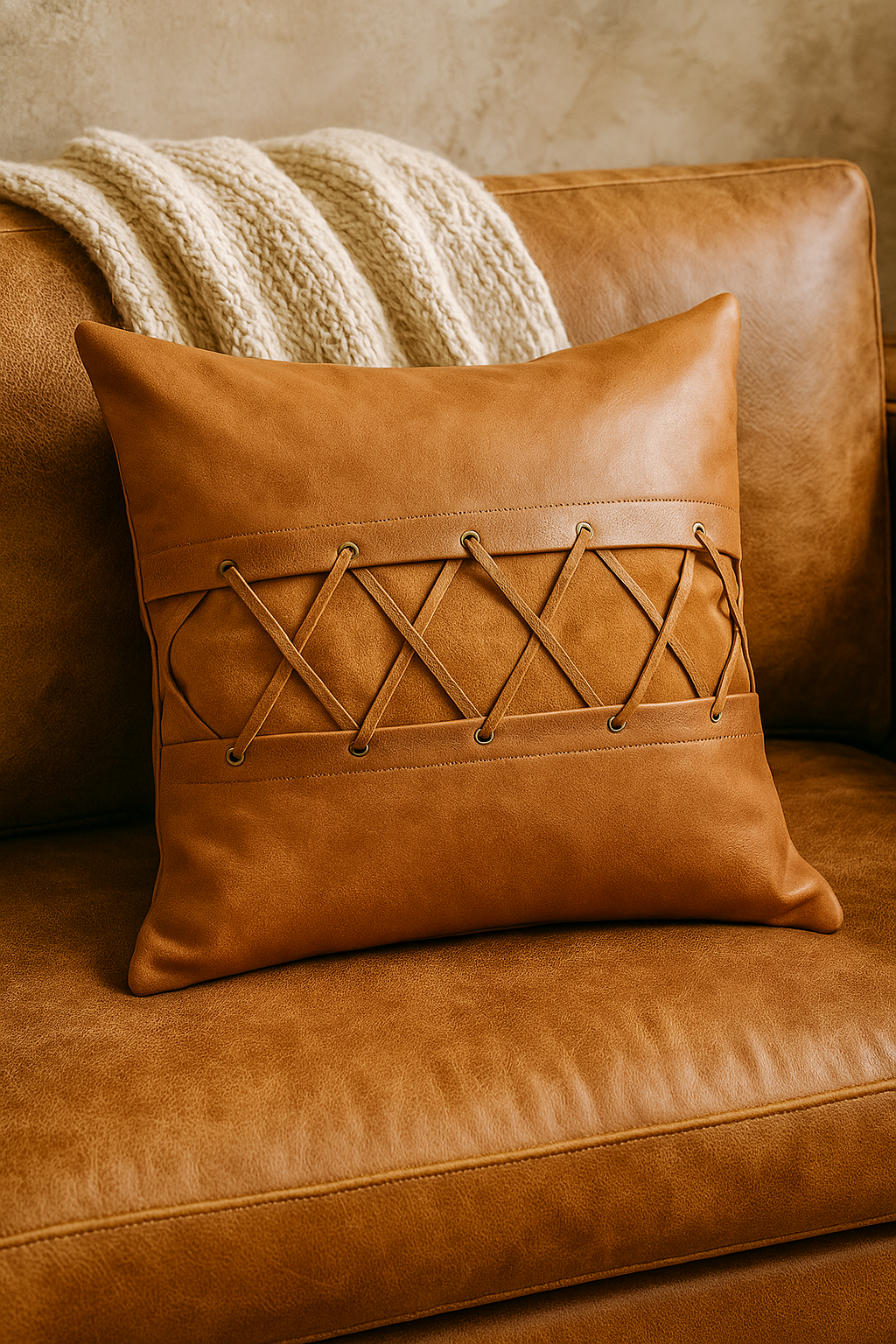 Tan Leather Cushion - Crisscross Lacing