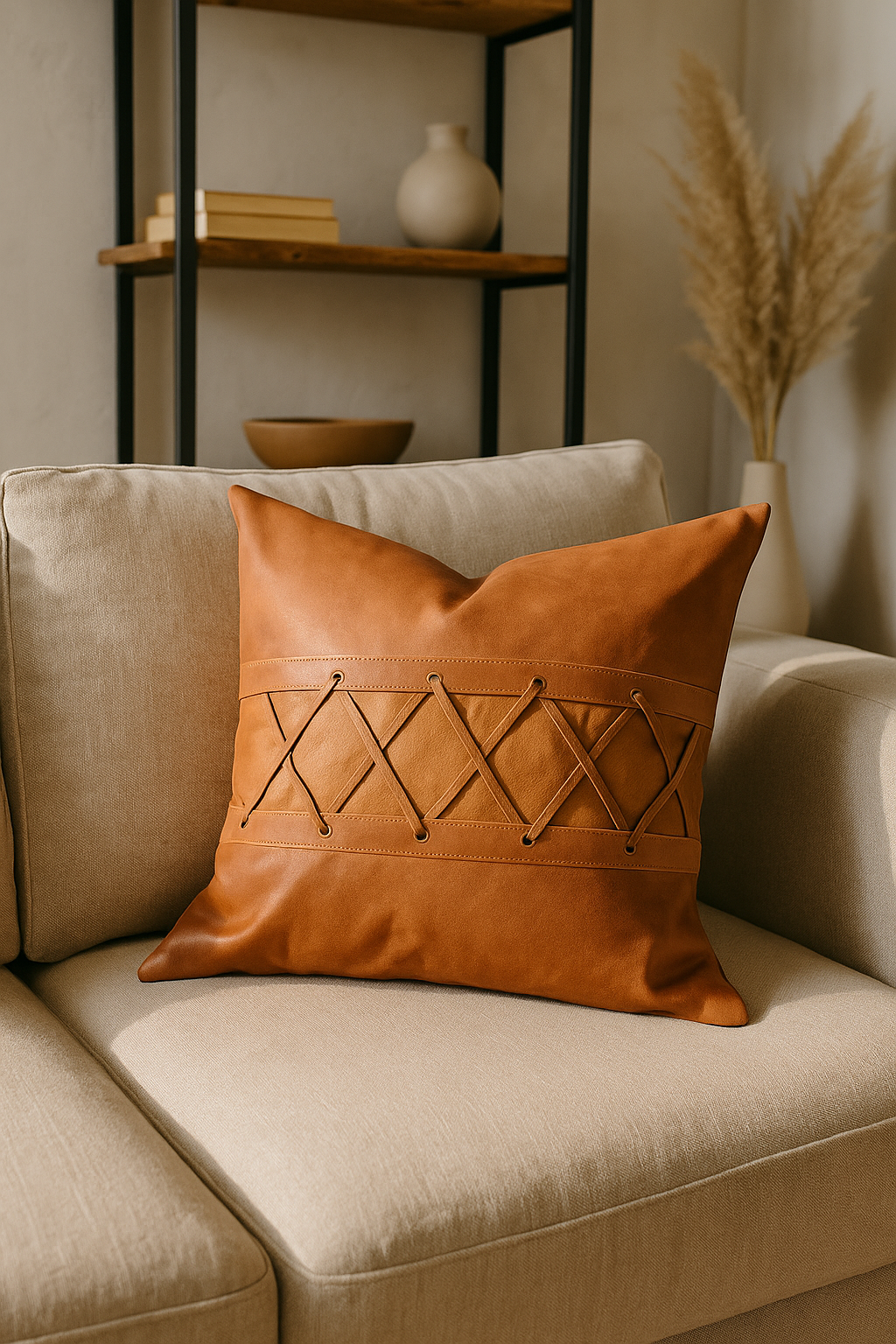 Tan Leather Cushion - Crisscross Lacing