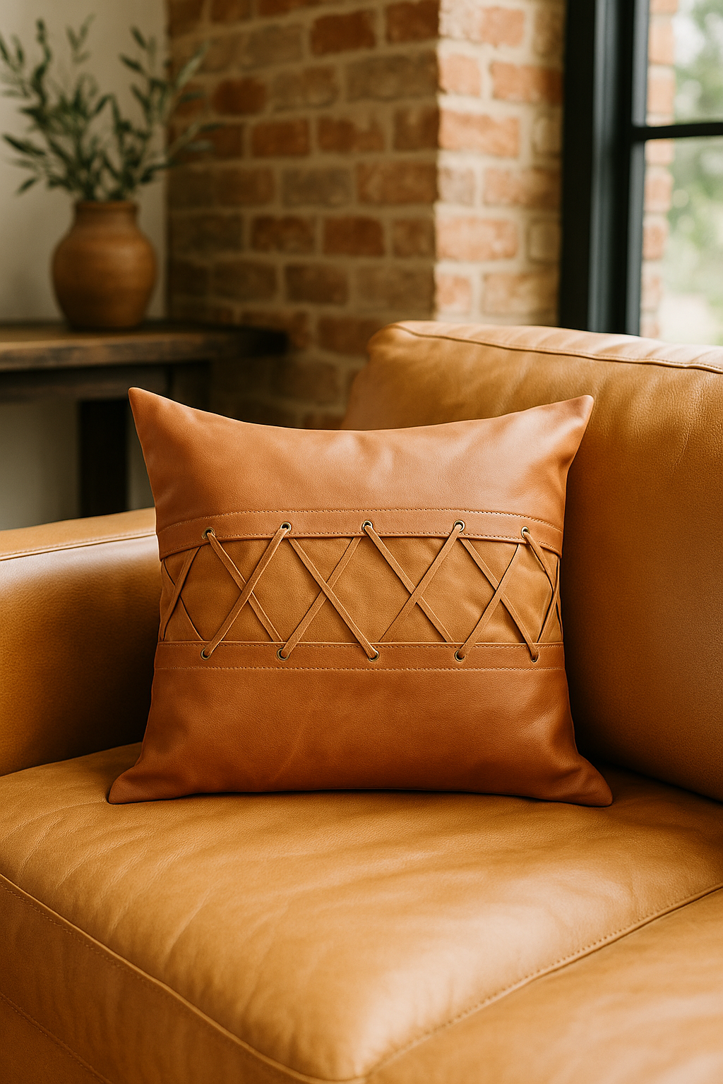 Tan Leather Cushion - Crisscross Lacing