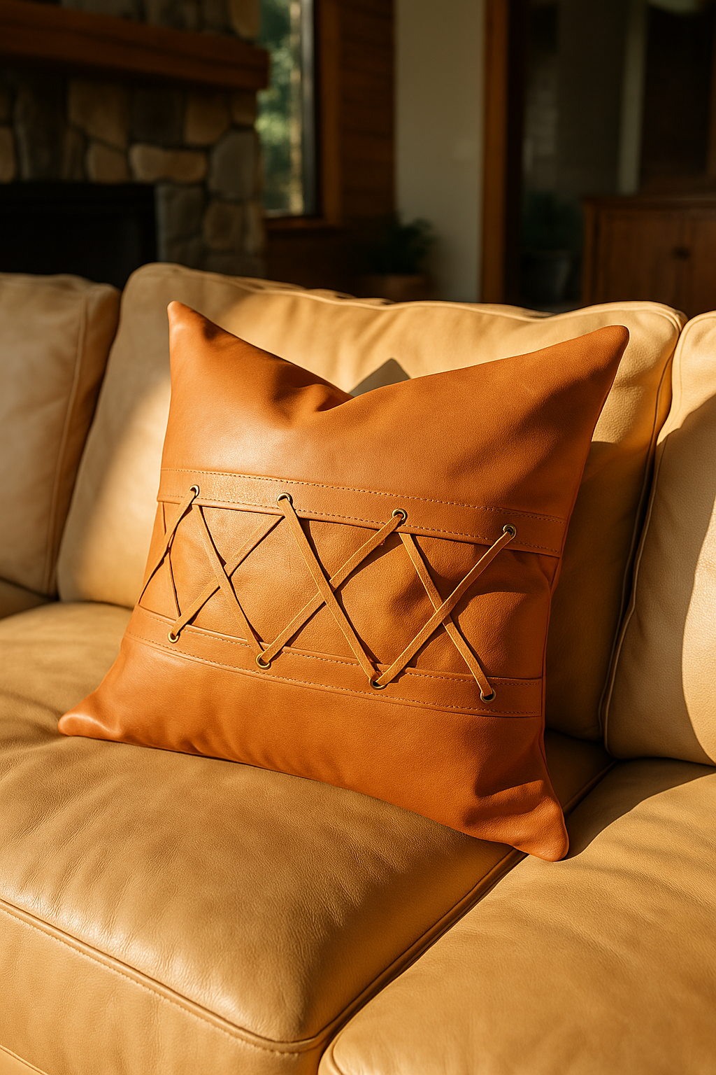 Tan Leather Cushion - Crisscross Lacing