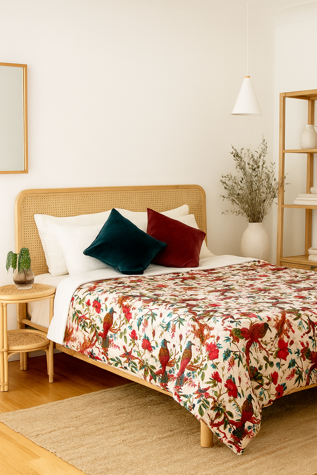 Tropical Birds Velvet Quilt - Handcrafted Artisan Block Print Bedding
