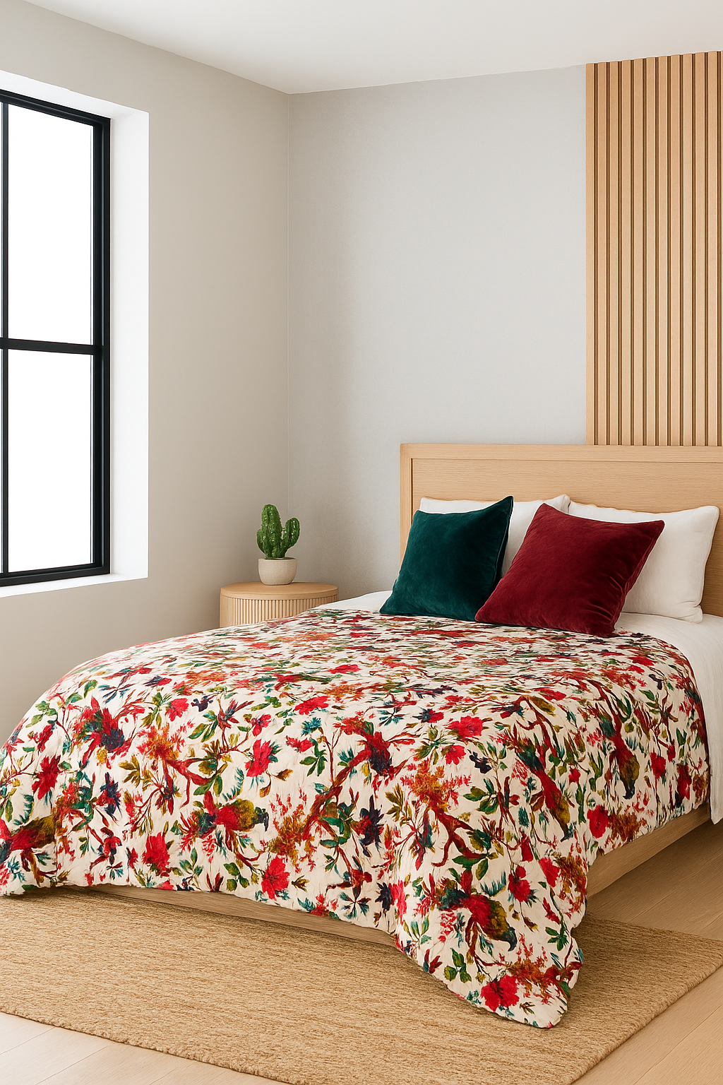 Tropical Birds Velvet Quilt - Handcrafted Artisan Block Print Bedding