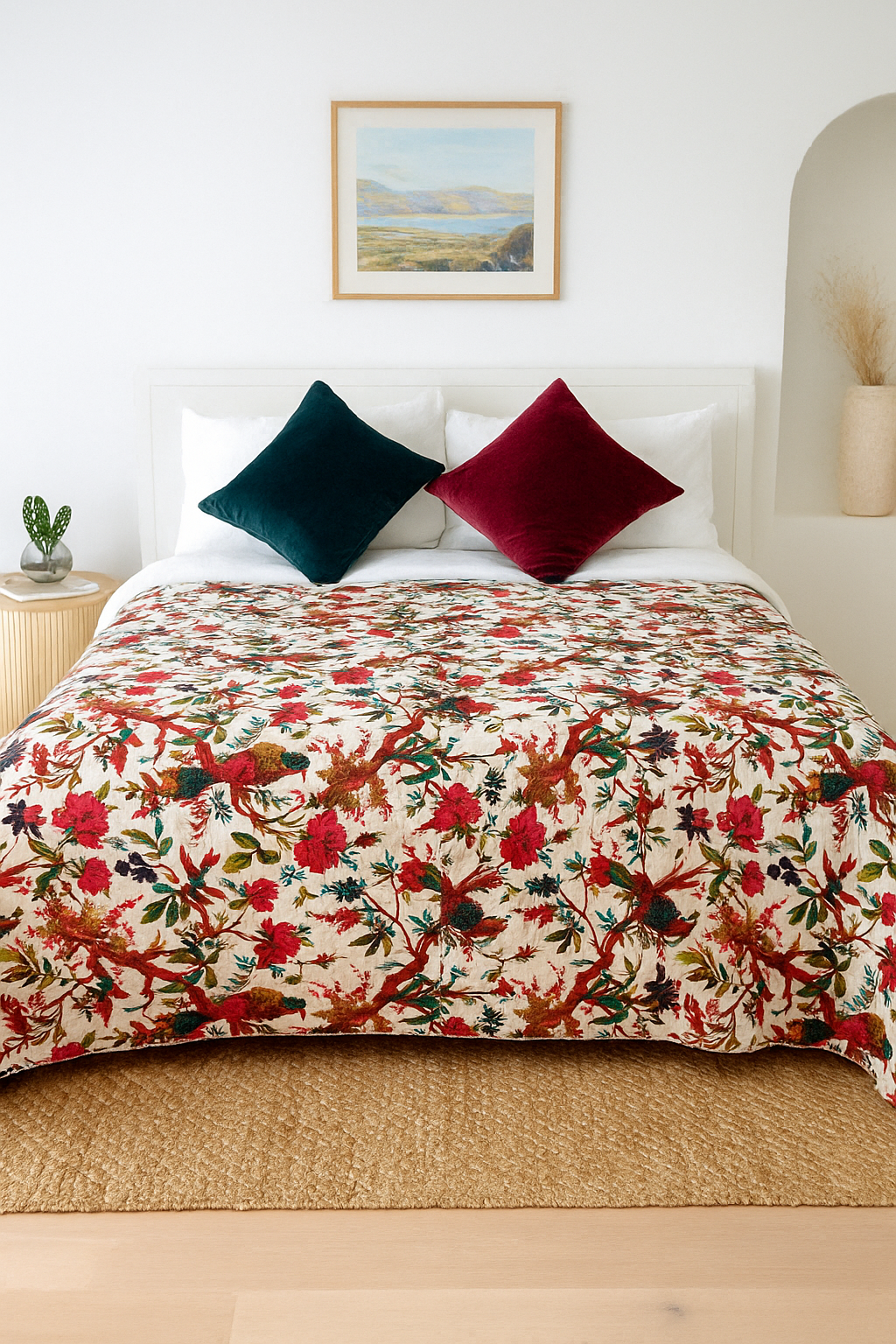 Tropical Birds Velvet Quilt - Handcrafted Artisan Block Print Bedding