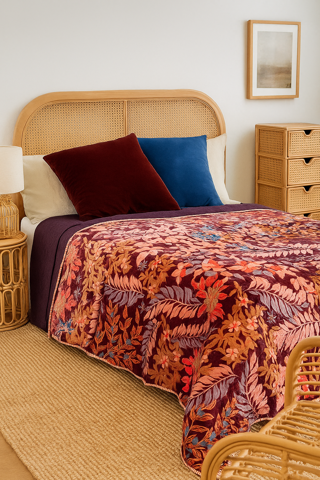 Embroidered Velvet Quilt - Autumn Garden in Rust & Wine