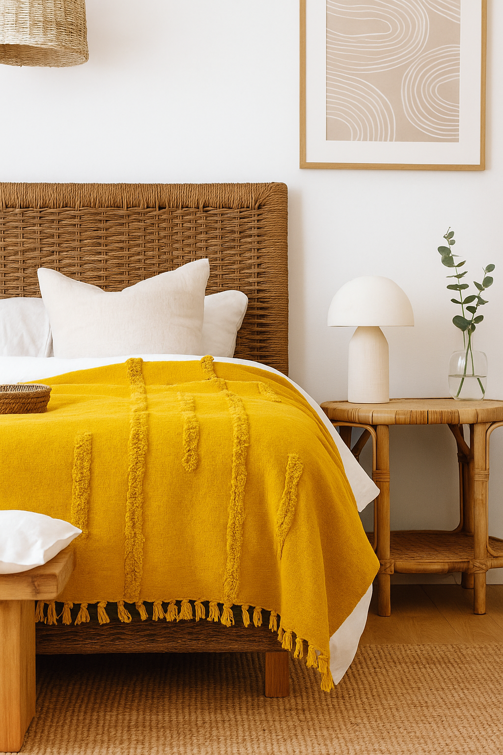 Golden Mustard Cotton Throw - Handwoven Boho Textured Blanket | 125x175cm