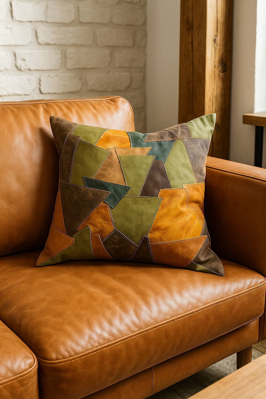 Boho Leather Patchwork Cushion Cover - Rustic & Earthy Style | 60x60cm