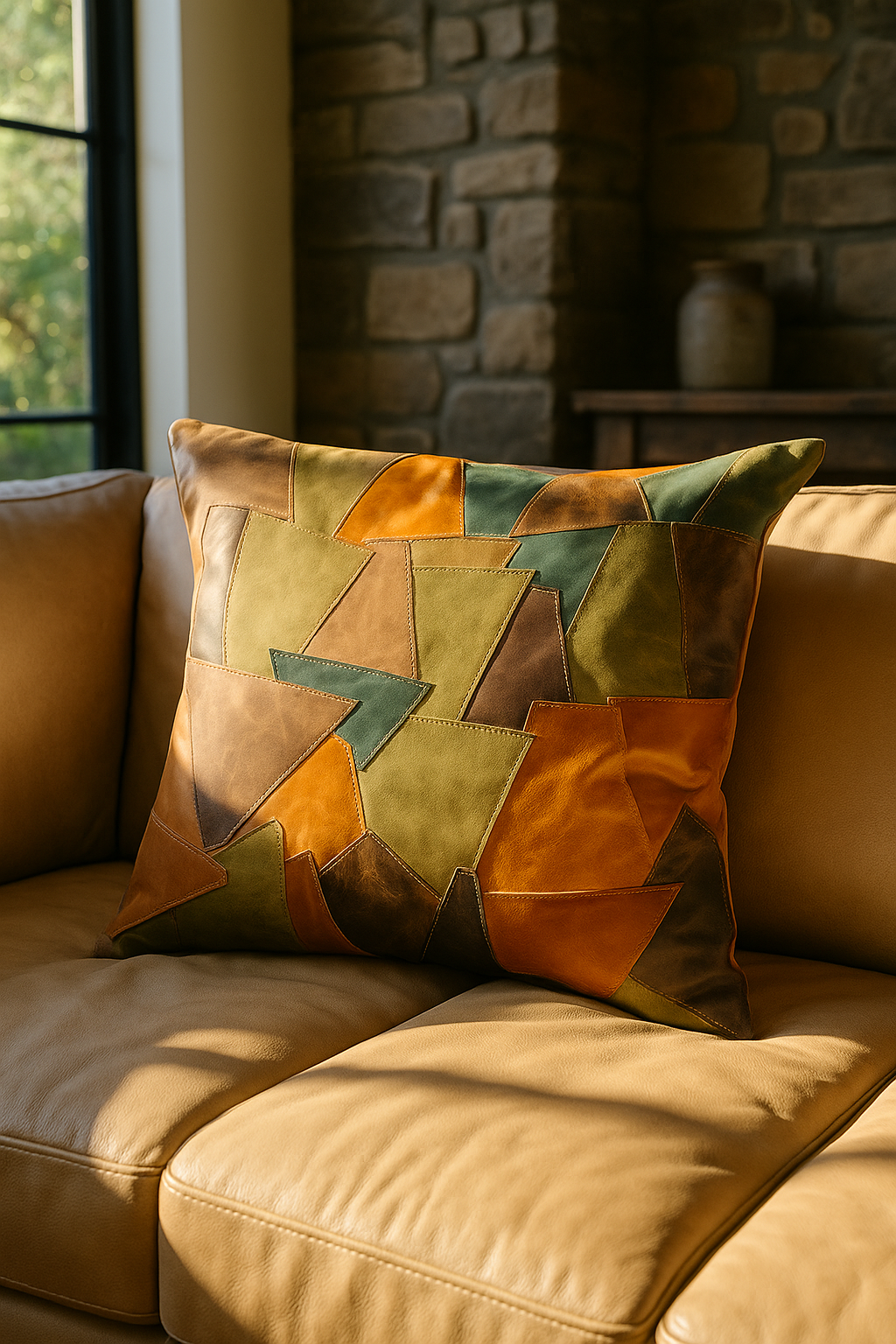 Boho Leather Patchwork Cushion Cover - Rustic & Earthy Style | 60x60cm