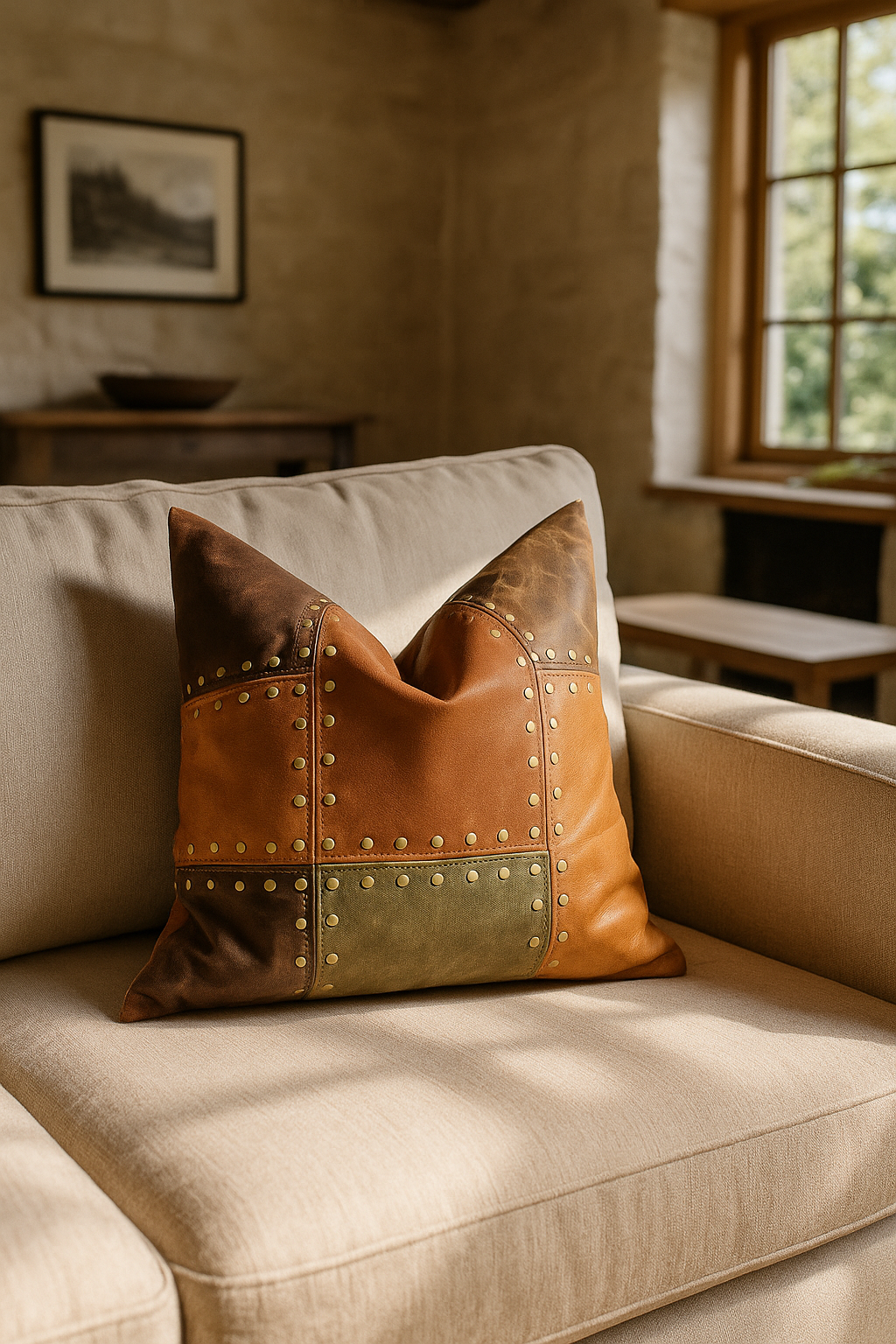 Artisan Leather Patchwork Cushion Cover - Rustic & Boho Style